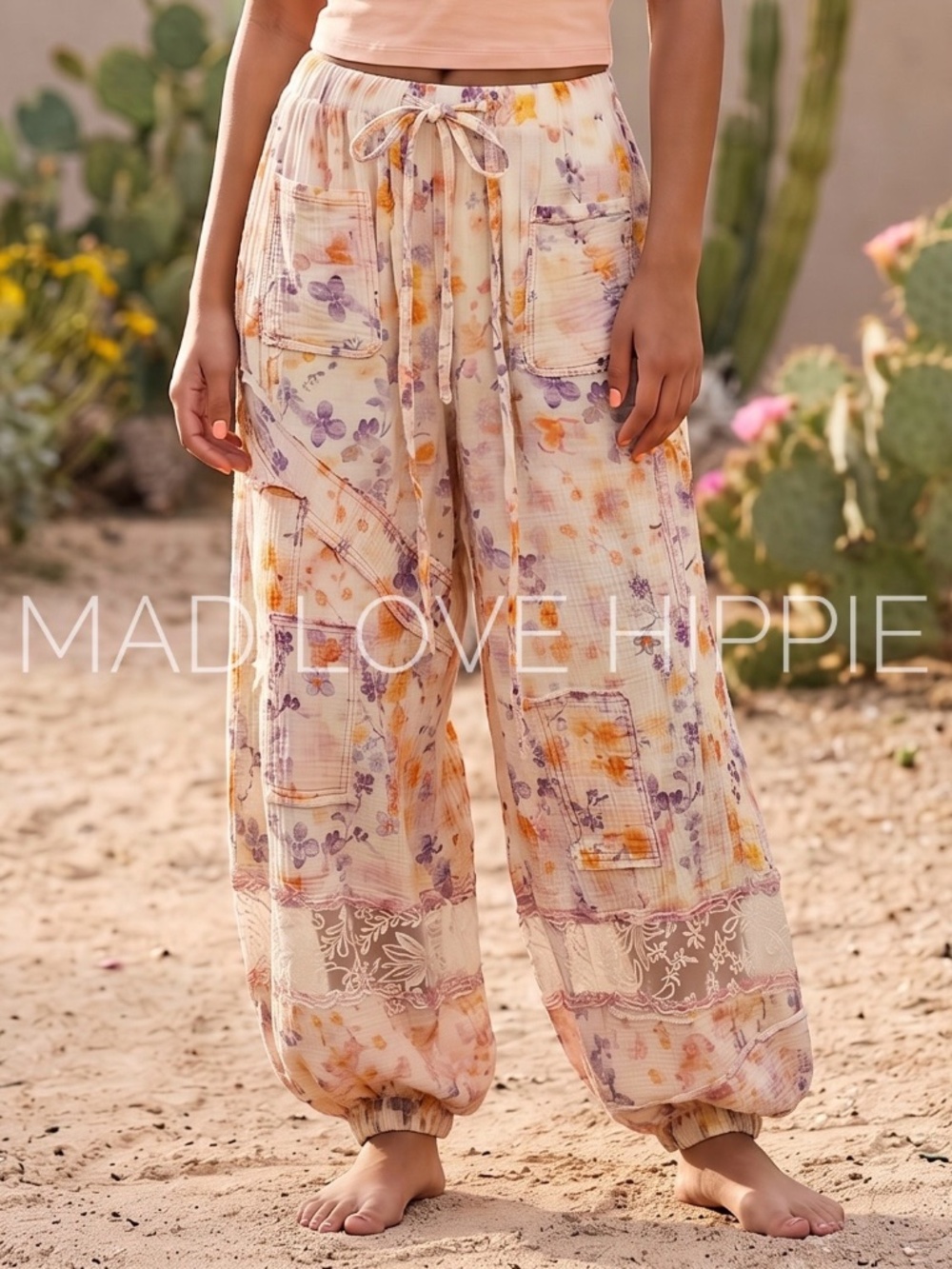 POL Pink Floral Patchwork Balloon Joggers | Romantic Boho Pull On Pants